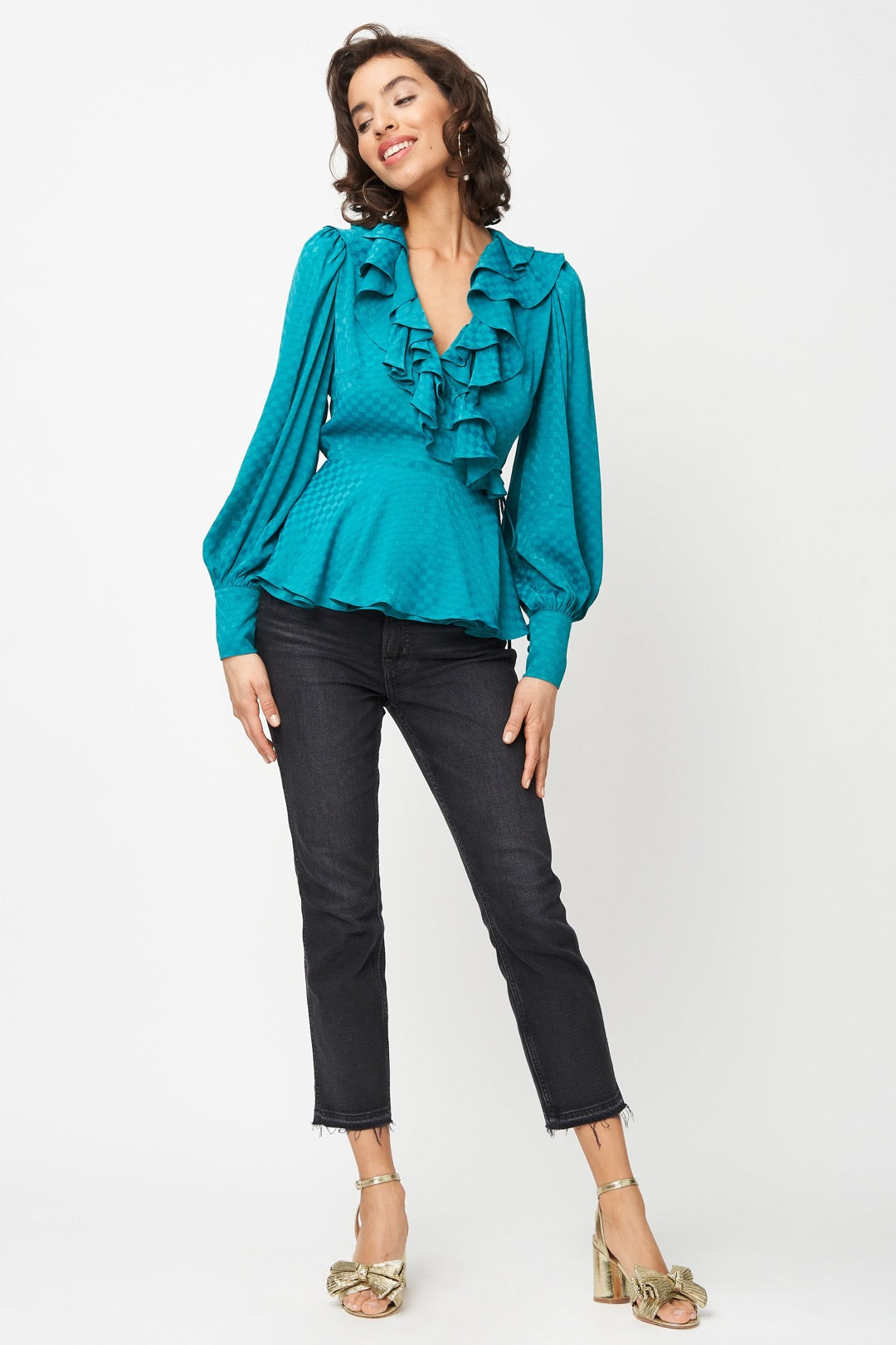 Erin Blouse Teal Checkerboard