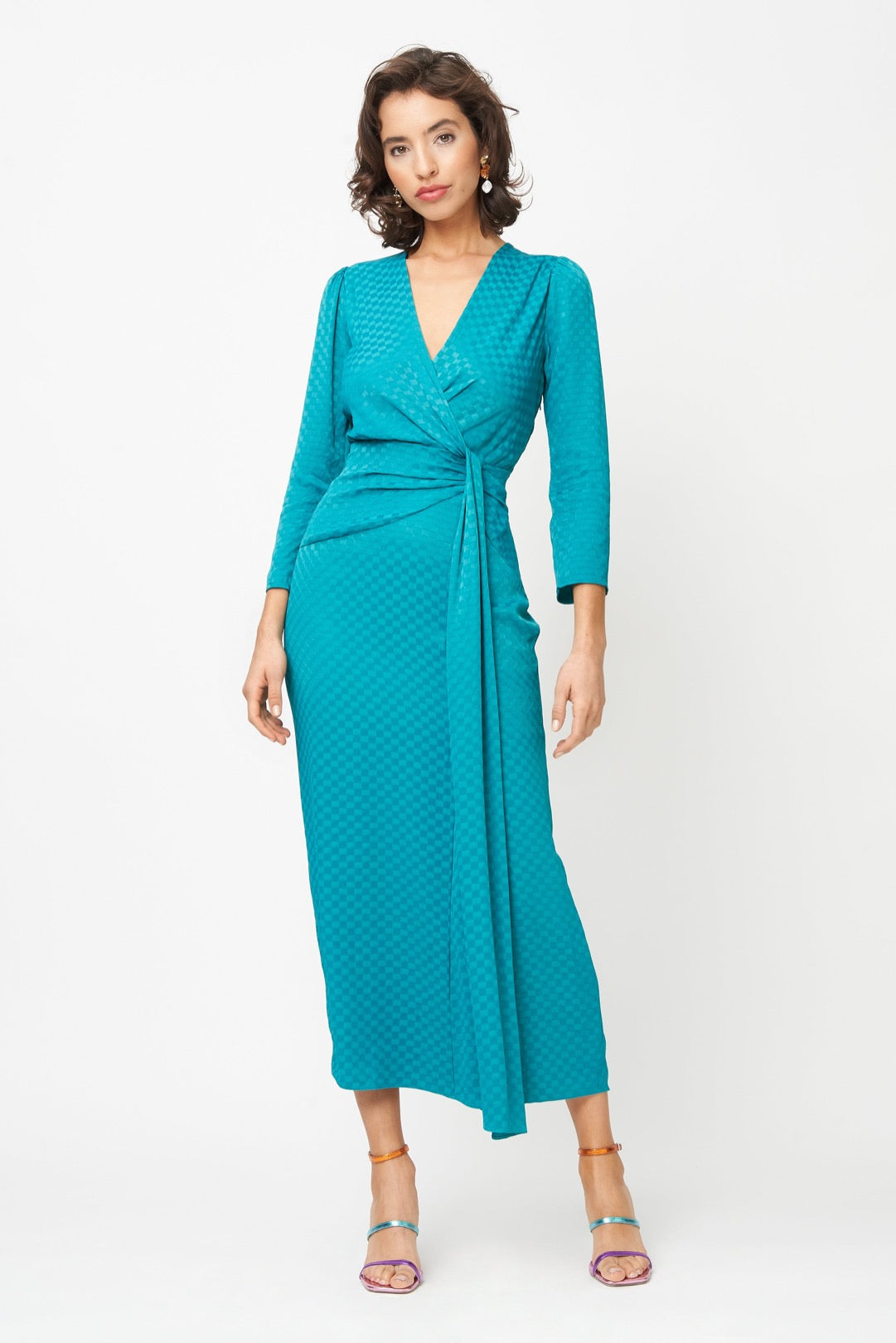 Riona Dress Teal Checkerboard – Fresha London